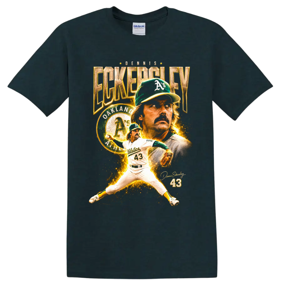 Dennis Eckersley Oakland Athletics number 43 pitcher collage with vintage gold text on a Midnight (Green) T Shirt
