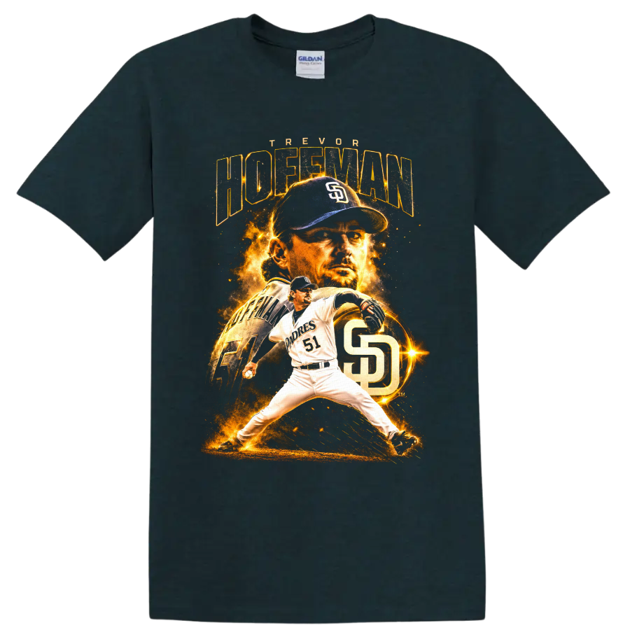 Trevor Hoffman Padres number 51 pitching graphic with fiery portrait and SD monogram on a Midnight (Green) T Shirt