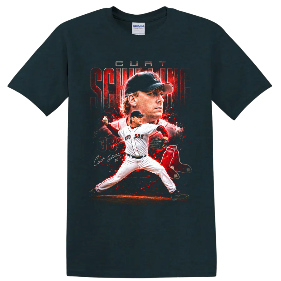 Curt Schilling Red Sox pitcher collage with number 38 and distressed red sports art on a Midnight (Green) T Shirt