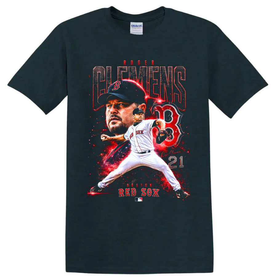 Roger Clemens Boston Red Sox pitcher collage with number 21 and red lightning on a Midnight (Green) T Shirt