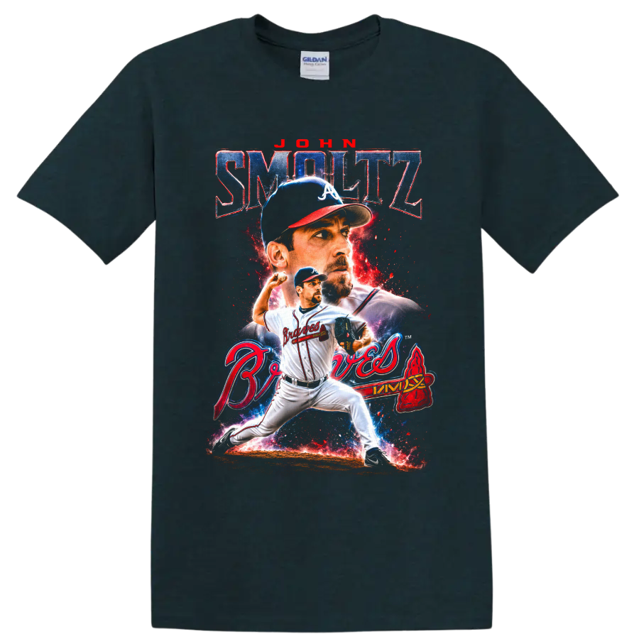 John Smoltz Atlanta Braves pitcher retro cosmic portrait and action graphic on a Midnight (Green) T Shirt