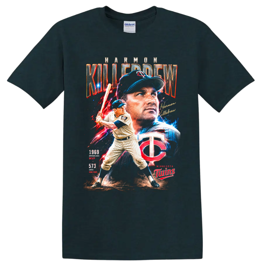 Harmon Killebrew Minnesota Twins vintage baseball collage with 1969 MVP and 573 home runs on a Midnight (Green) T Shirt