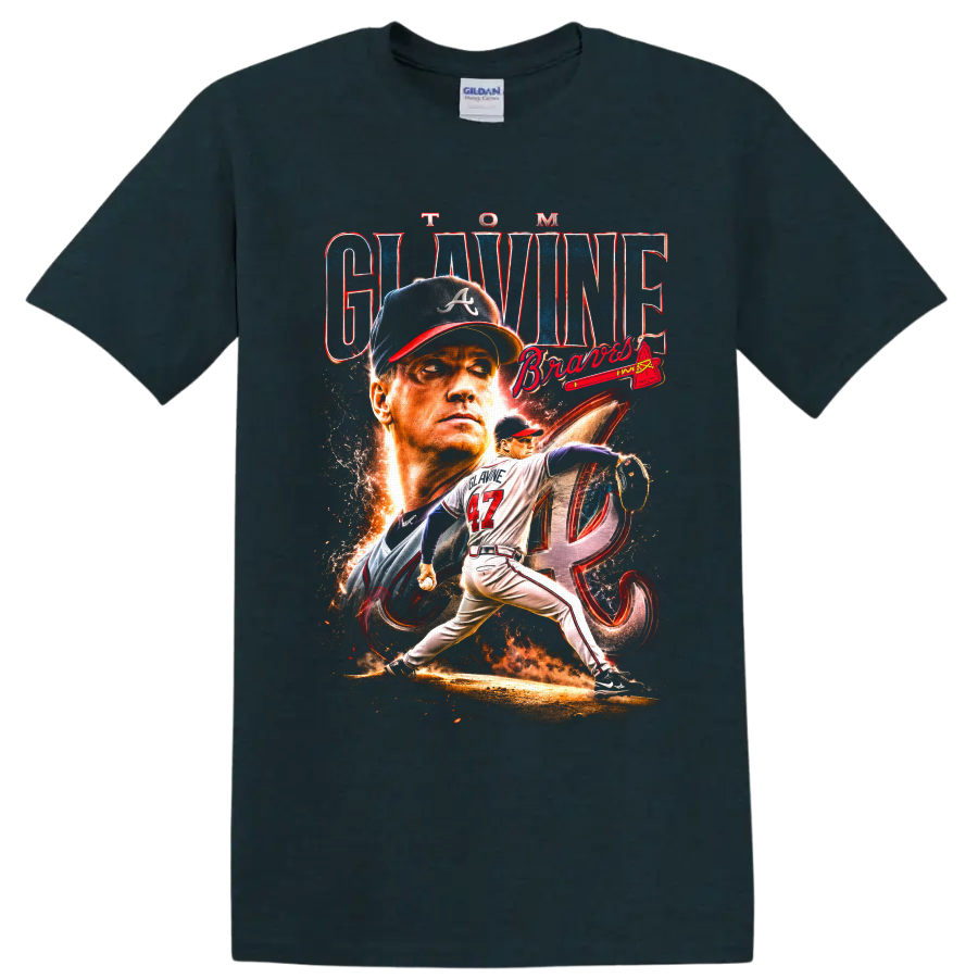 Tom Glavine Atlanta Braves pitcher portrait and number 47 action graphic on a Midnight (Green) T Shirt