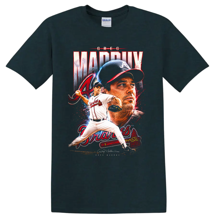 Greg Maddux Atlanta Braves pitcher portrait and pitching graphic with distressed lettering on a Midnight (Green) T Shirt