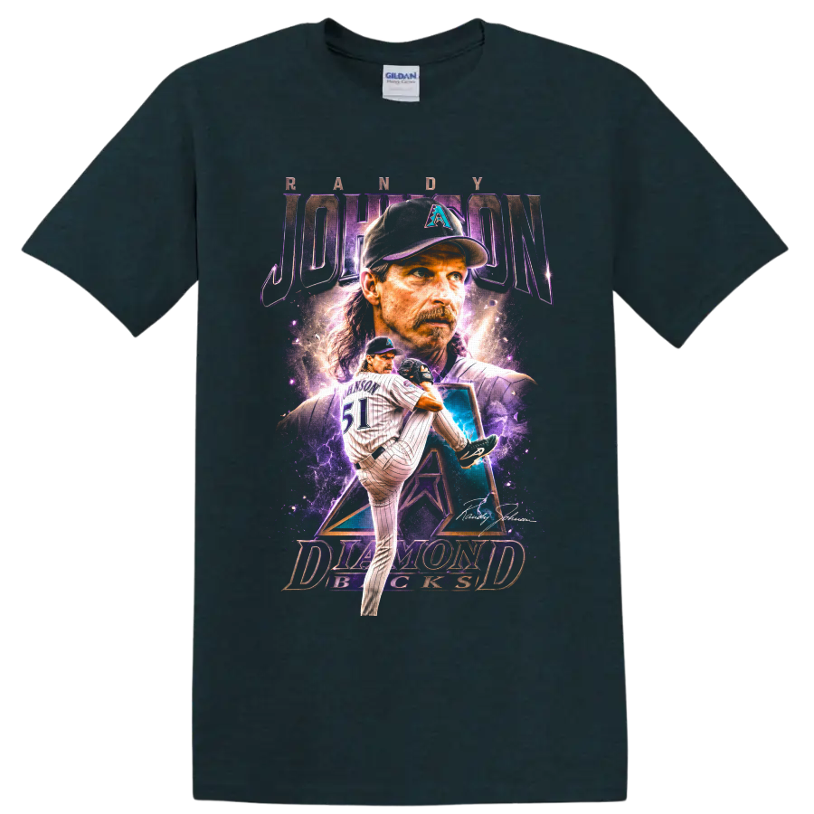 Randy Johnson Arizona Diamondbacks pitcher portrait and number 51 action graphic on a Midnight (Green) T Shirt