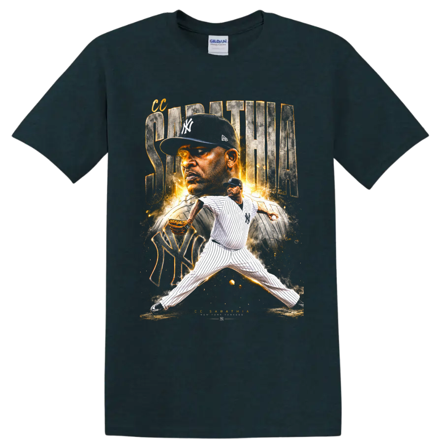 CC Sabathia New York Yankees pitcher graphic with portrait, pinstripes, and gold sparks on a Midnight (Green) T Shirt