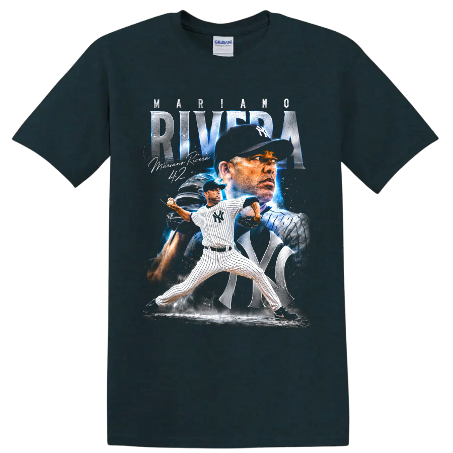 Mariano Rivera New York Yankees pitcher collage with No. 42 and electric blue accents on a Midnight (Green) T Shirt