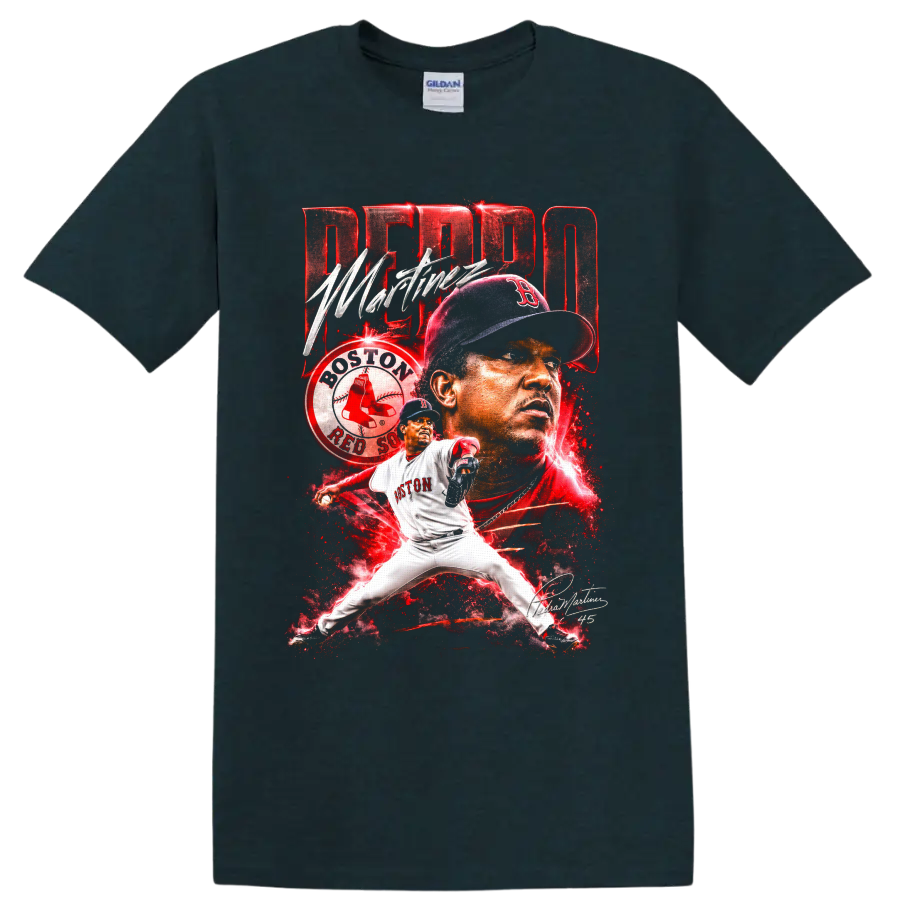 Pedro Martínez Boston Red Sox pitcher portrait and action baseball collage on a Midnight (Green) T Shirt