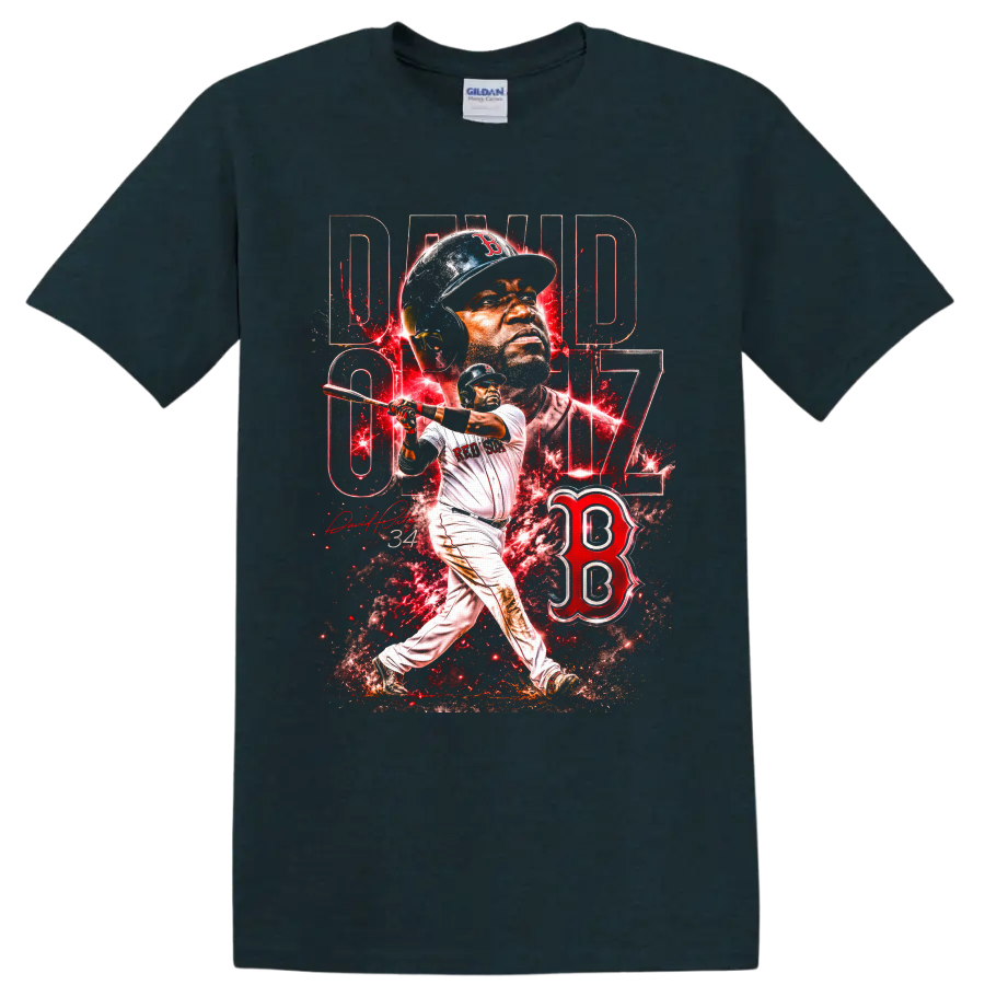 David Ortiz Big Papi 34 Boston Red Sox batting portrait and splatter graphic on a Midnight (Green) T Shirt