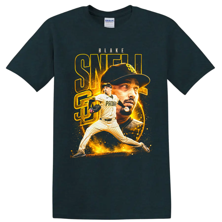 Blake Snell Padres pitcher portrait and action graphic with gold BLAKE SNELL text on a Midnight (Green) T Shirt