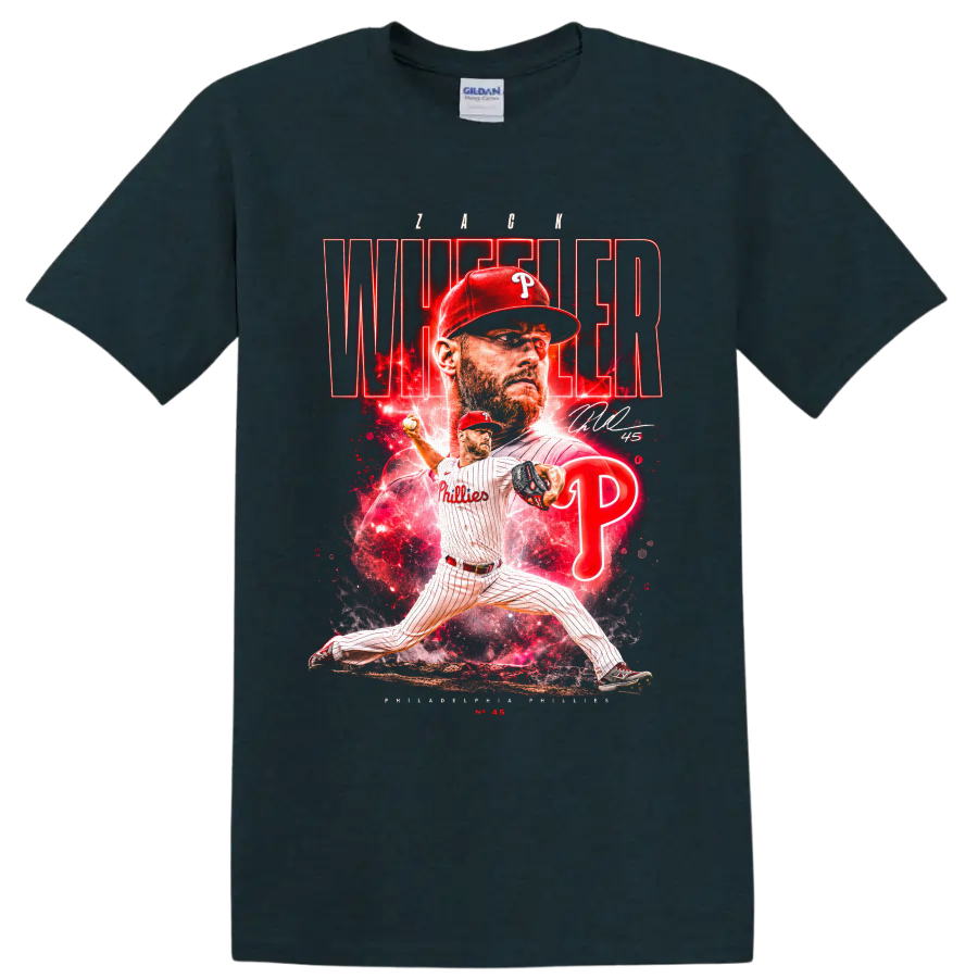 Zack Wheeler Phillies pitching collage with red neon Wheeler lettering and number 45 on a Midnight (Green) T Shirt