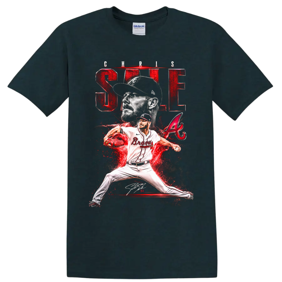 Chris Sale Atlanta Braves pitcher graphic with portrait, pitching pose, and red lightning on a Midnight (Green) T Shirt