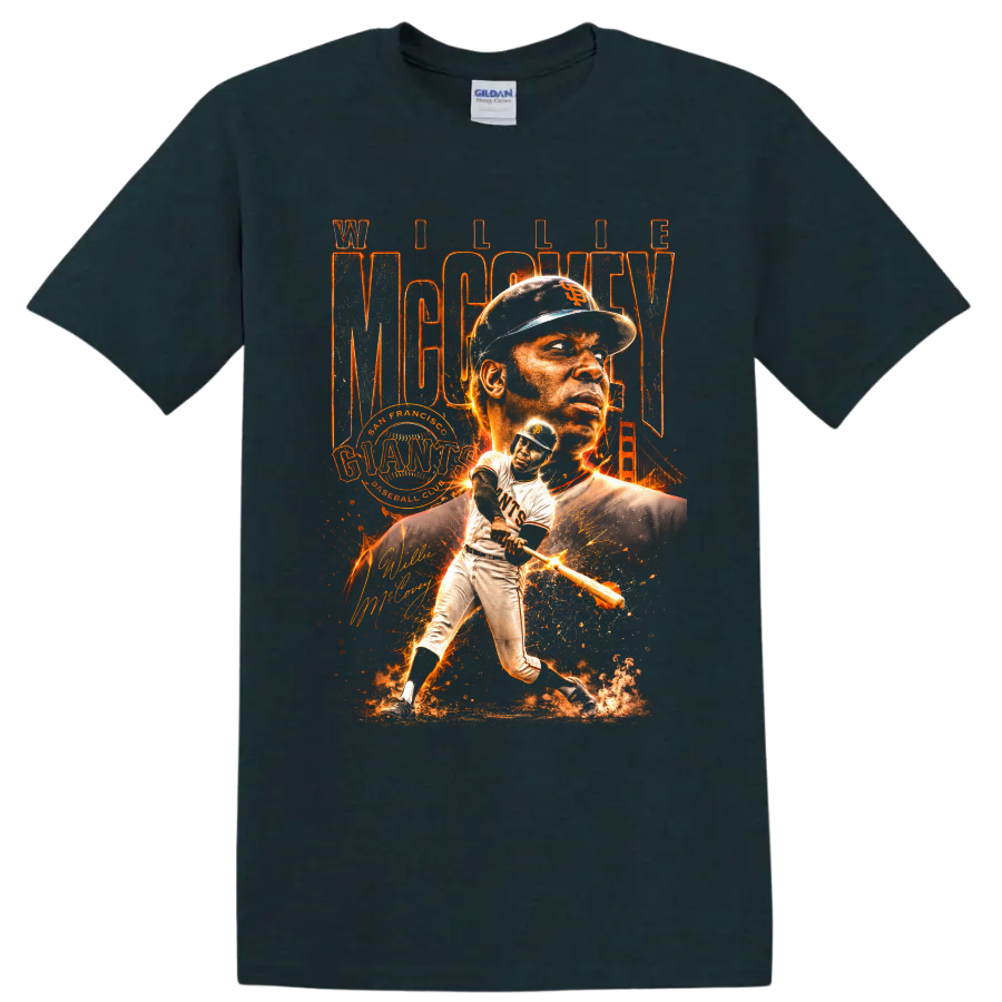 Willie McCovey San Francisco Giants baseball collage with batting action and Golden Gate on a Midnight (Green) T Shirt