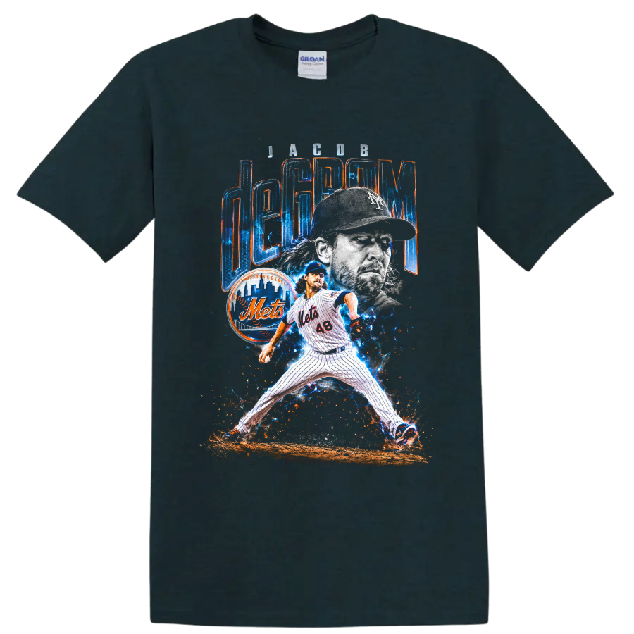 Jacob deGrom Mets pitcher collage with electric blue energy and deGrom lettering on a Midnight (Green) T Shirt