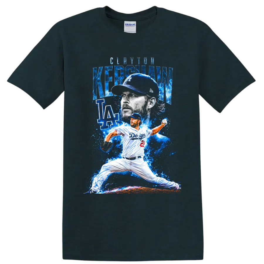 Clayton Kershaw Dodgers pitcher portrait and pitching action in electric blue art on a Midnight (Green) T Shirt