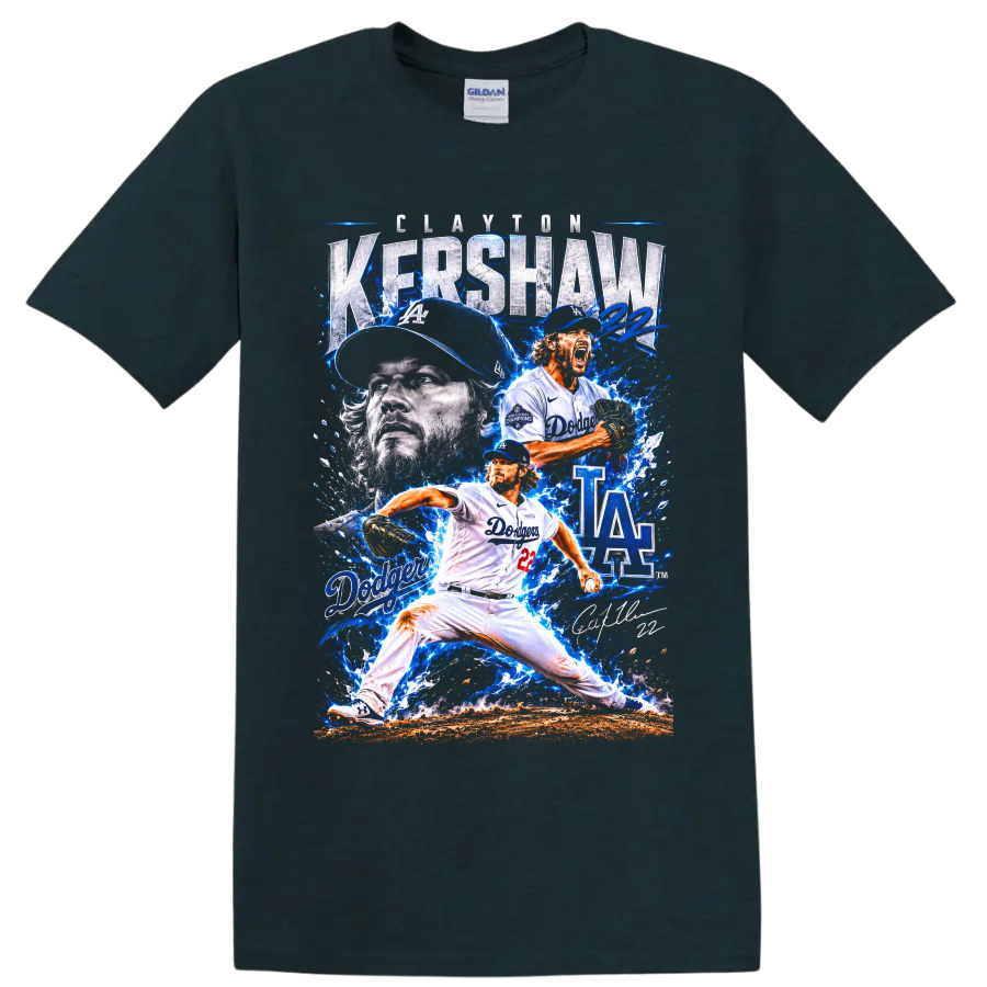 Clayton Kershaw Dodgers pitcher collage with LA graphics, number 22, and blue splashes on a Midnight (Green) T Shirt