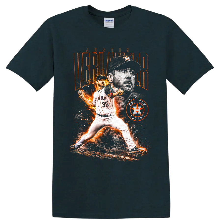 Justin Verlander Houston Astros pitcher collage with fiery action art and number 35 on a Midnight (Green) T Shirt
