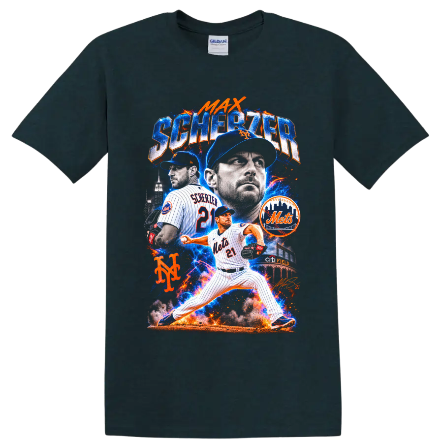 Max Scherzer New York Mets pitcher collage with Citi Field and electric baseball effects on a Midnight (Green) T Shirt