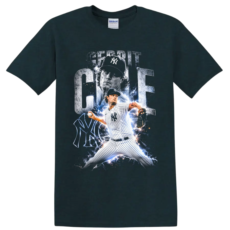 Gerrit Cole New York Yankees pitcher lightning graphic with bold name lettering on a Midnight (Green) T Shirt