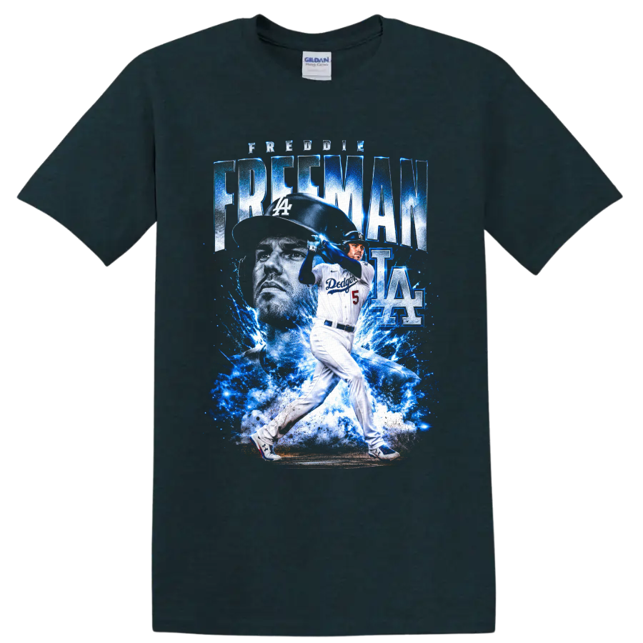 Freddie Freeman Dodgers batting graphic with blue lightning, portrait, and number 5 on a Midnight (Green) T Shirt