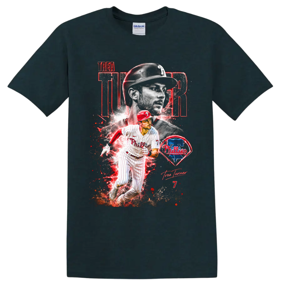 Trea Turner Phillies action collage with red energy effects, team emblem, and number 7 on a Midnight (Green) T Shirt