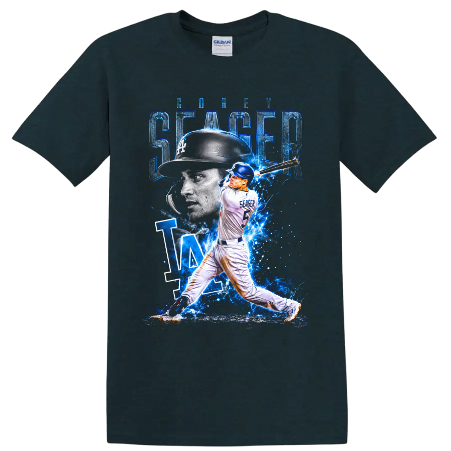 Corey Seager Los Angeles Dodgers batting collage with LA monogram and electric blue on a Midnight (Green) T Shirt