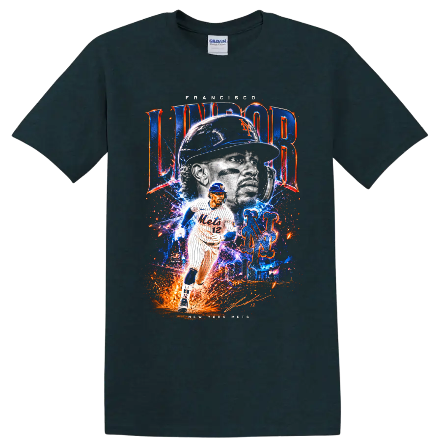 High-energy Francisco Lindor New York Mets portrait and action graphic with number 12 on a Midnight (Green) T Shirt