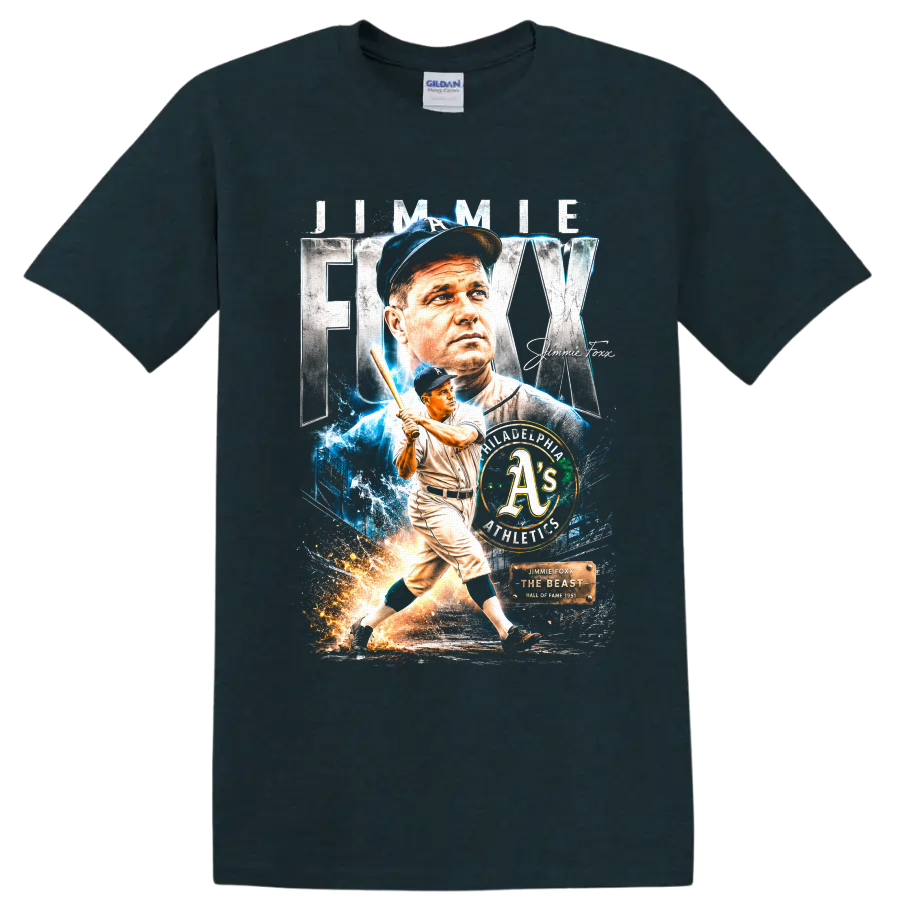 Jimmie Foxx Philadelphia Athletics vintage portrait and batting tribute graphic on a Midnight (Green) T Shirt
