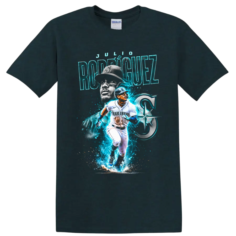 Julio Rodríguez Seattle Mariners neon action baseball portrait graphic on a Midnight (Green) T Shirt
