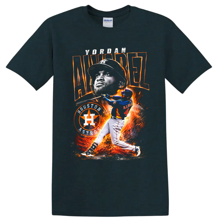 Yordan Alvarez Houston Astros fiery baseball portrait and batting graphic on a Midnight (Green) T Shirt