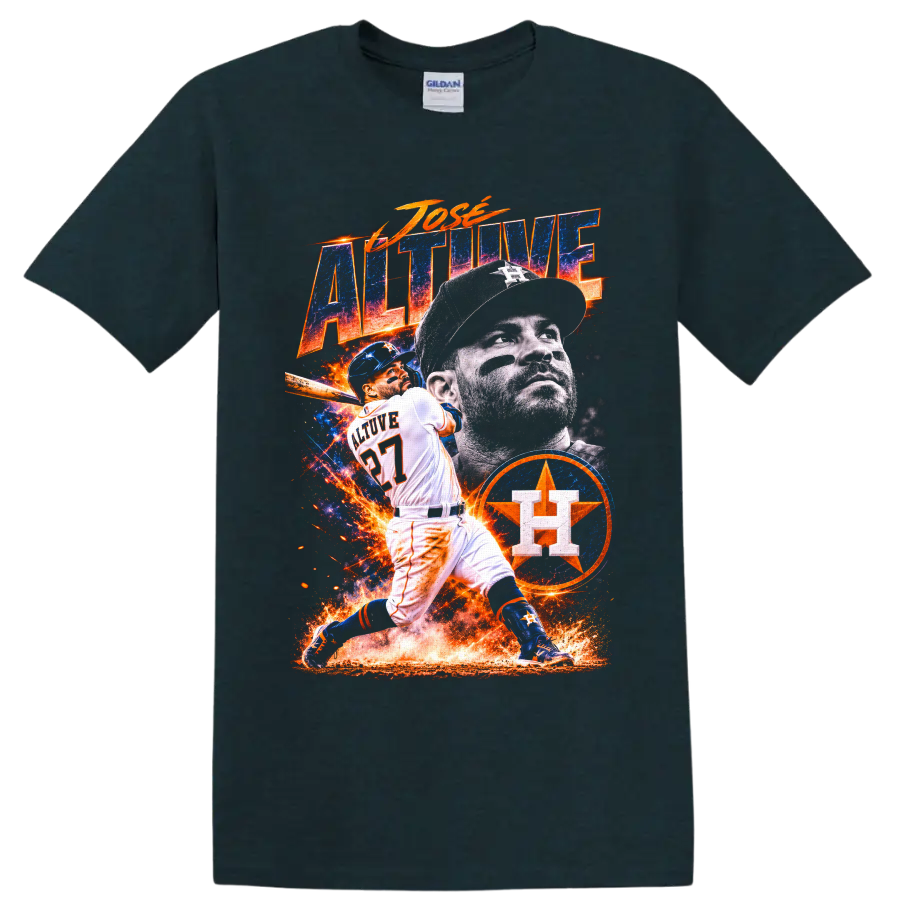 Jose Altuve Houston Astros fiery blue and orange baseball action collage on a Midnight (Green) T Shirt