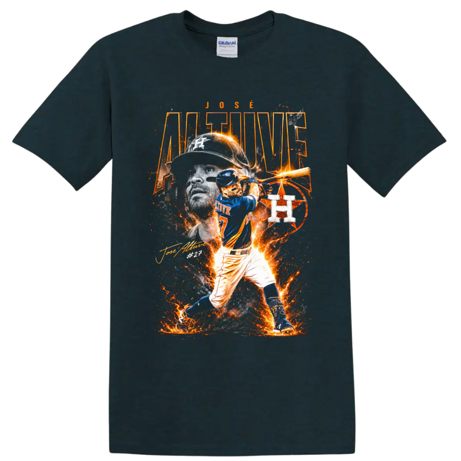 Jose Altuve Houston Astros No. 27 fiery baseball batting collage on a Midnight (Green) T Shirt