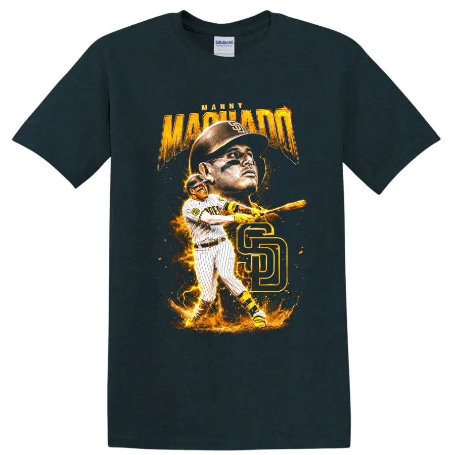 Manny Machado Padres portrait and batting graphic with gold SD monogram on a Midnight (Green) T Shirt