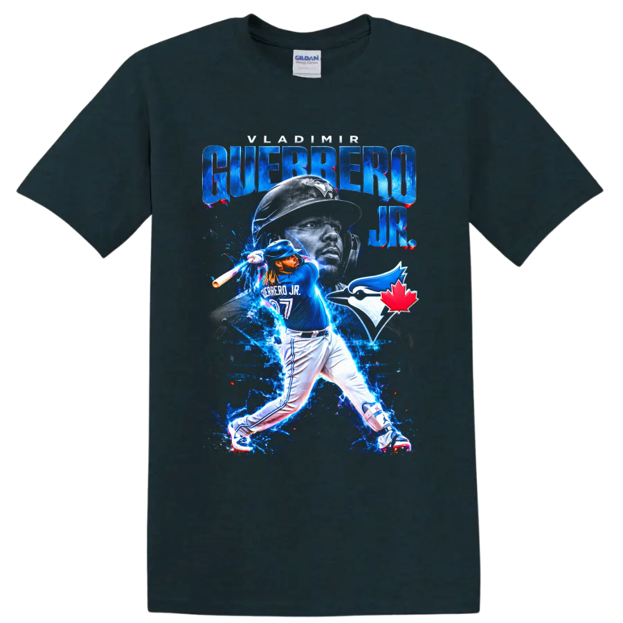 Vladimir Guerrero Jr. Blue Jays batting collage with electric blue effects and team logo on a Midnight (Green) T Shirt