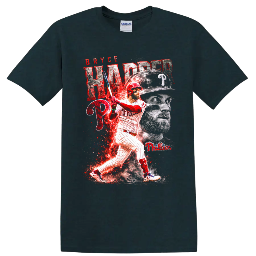Bryce Harper Phillies batting graphic with portrait, team logos, and red lightning effects on a Midnight (Green) T Shirt
