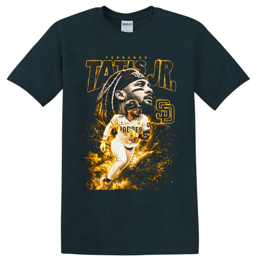 Fernando Tatis Jr. San Diego Padres portrait and action baseball graphic on a Midnight (Green) T Shirt
