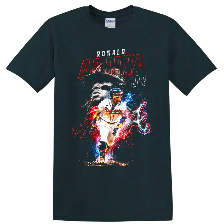 Ronald Acuña Jr. Atlanta Braves action and portrait collage with Braves A emblem on a Midnight (Green) T Shirt