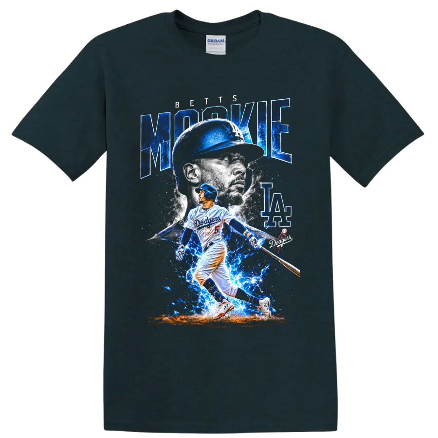 Mookie Betts Dodgers batting graphic with blue lightning, portrait, and LA lettering on a Midnight (Green) T Shirt