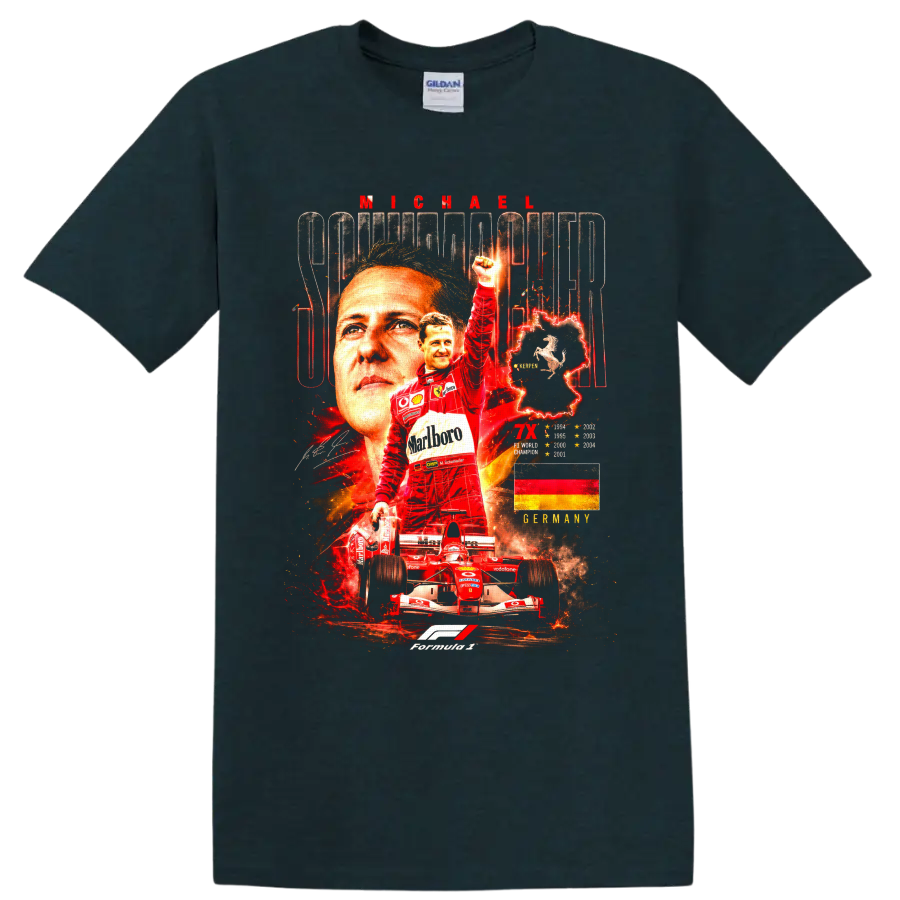 Michael Schumacher Ferrari Formula 1 championship collage with race car and German flag on a Midnight (Green) T Shirt