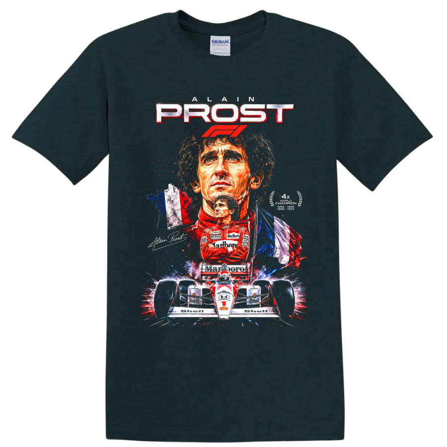 Alain Prost Formula 1 portrait collage with race car, French flag, and PROST lettering on a Midnight (Green) T Shirt