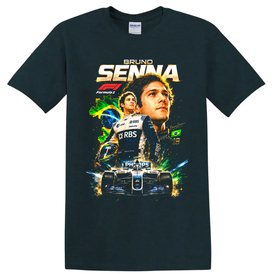 Bruno Senna Williams Formula 1 collage with Brazil flag, helmet, and race car on a Midnight (Green) T Shirt