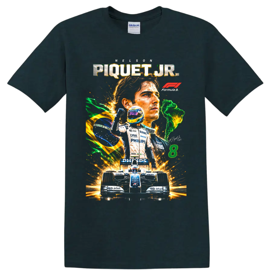Nelson Piquet Jr Formula 1 racing collage with Brazilian flag, race car, and number 8 on a Midnight (Green) T Shirt