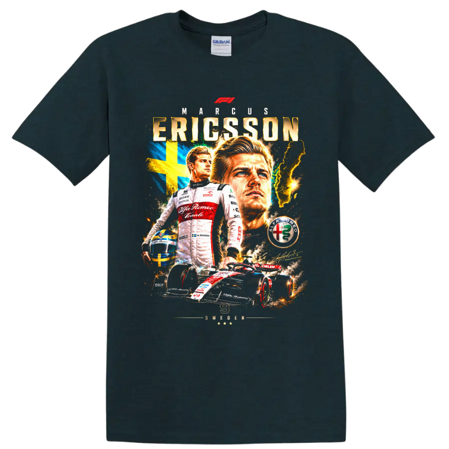 Marcus Ericsson racing poster graphic with Swedish flag, helmet, Formula 1 car, and on a Midnight (Green) T Shirt