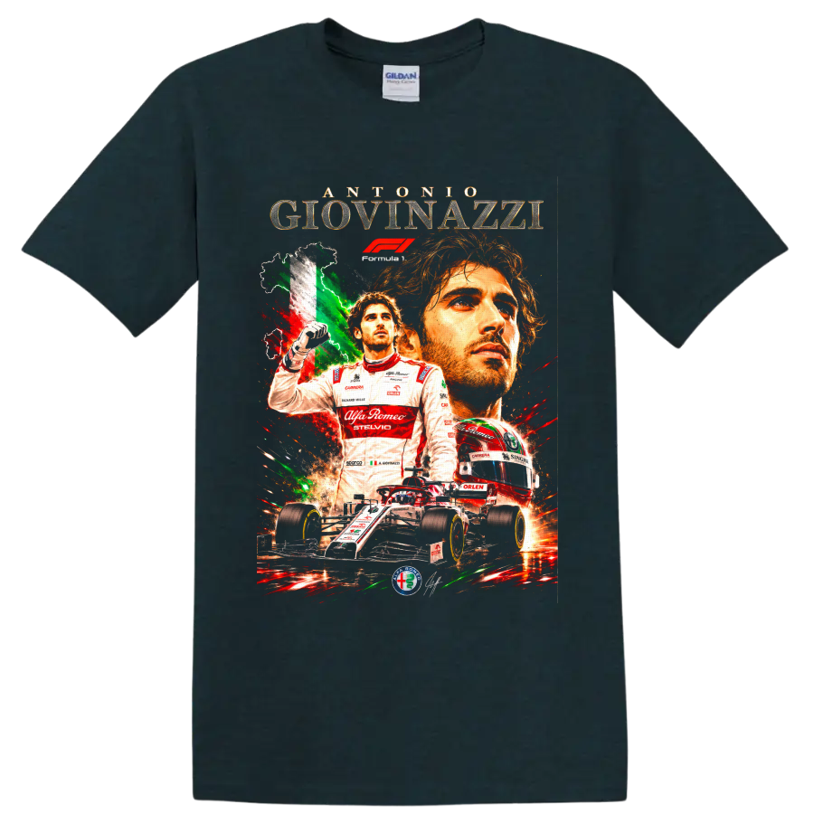 Antonio Giovinazzi Alfa Romeo Racing Formula 1 collage with helmet and race car on a Midnight (Green) T Shirt