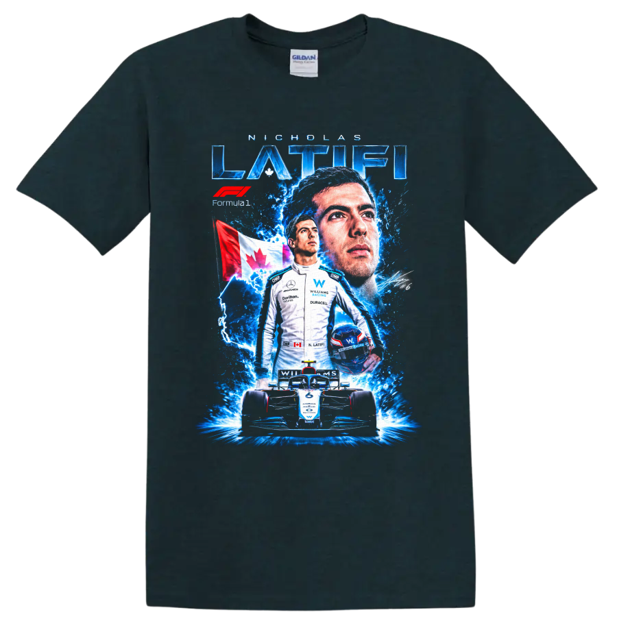 Nicholas Latifi Williams Racing Formula 1 collage with Canadian flag and number 6 car on a Midnight (Green) T Shirt