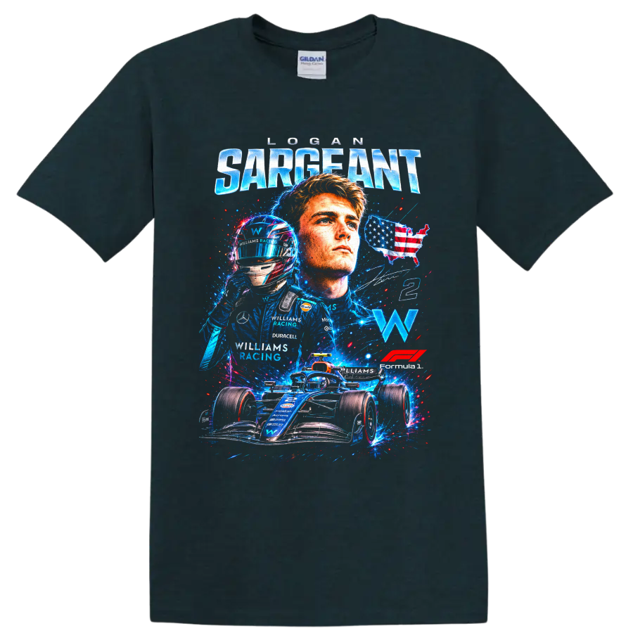 Logan Sargeant Williams Racing Formula 1 portrait, helmet, No. 2 car graphic on a Midnight (Green) T Shirt