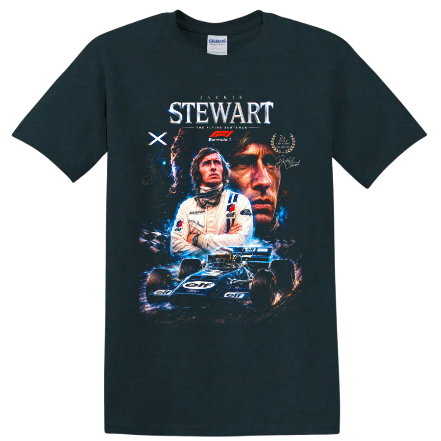 Jackie Stewart Formula 1 portrait collage with blue Tyrrell race car and racing text on a Midnight (Green) T Shirt