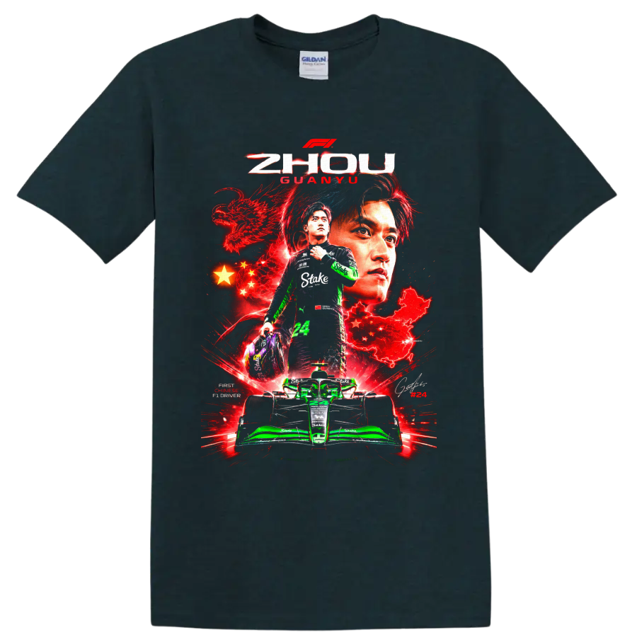 Zhou Guanyu Formula 1 number 24 racing collage with dragon, Chinese stars, and green car on a Midnight (Green) T Shirt