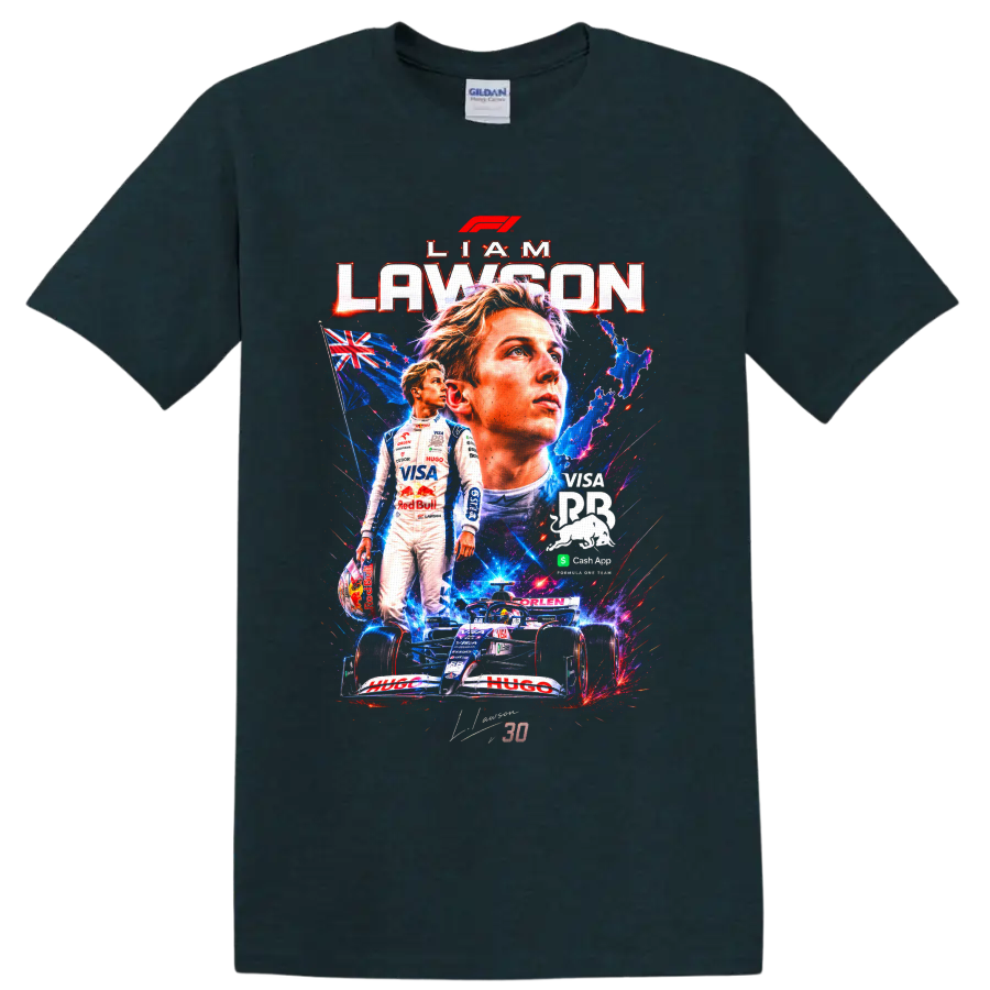 Liam Lawson Formula 1 portrait collage with number 30 car and New Zealand flag on a Midnight (Green) T Shirt