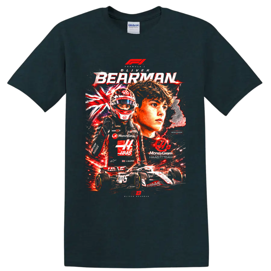 Oliver Bearman Haas Formula 1 driver collage with helmet, race car, and British motifs on a Midnight (Green) T Shirt